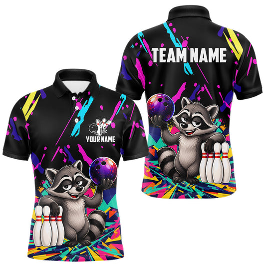 Maxcorners Colorful Bowling Jersey Funny Raccoon Bowling Polo & 1/4 Zip For Men Custom Bowling Team Shirts