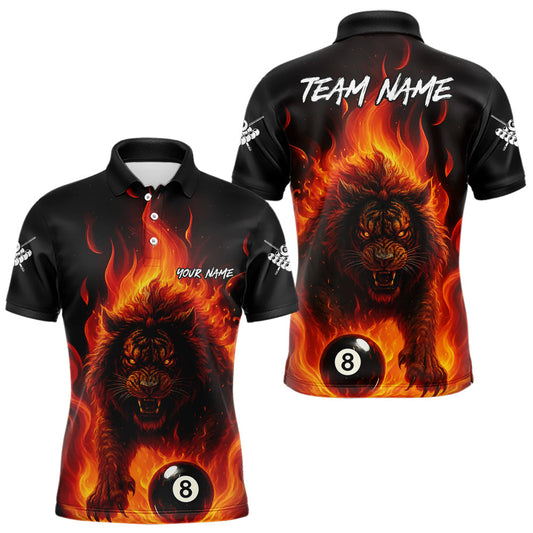 Maxcorners Orange Flaming Lion 8 Ball Billiard Shirts For Men Custom Fire Billiard Team Jersey Polo & 1/4 Zip LM2011