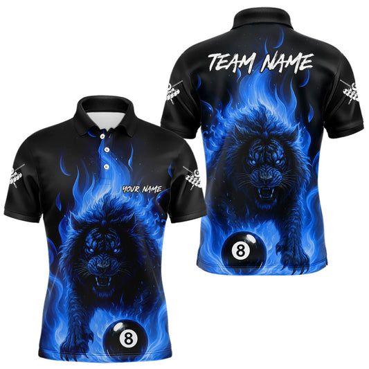 Maxcorners Blue Flaming Lion 8 Ball Billiard Shirts For Men Custom Fire Billiard Team Jersey Polo & 1/4 Zip LM2011