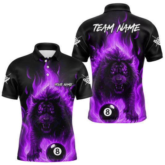 Maxcorners Purple Flaming Lion 8 Ball Billiard Shirts For Men Custom Fire Billiard Team Jersey Polo & 1/4 Zip LM2011