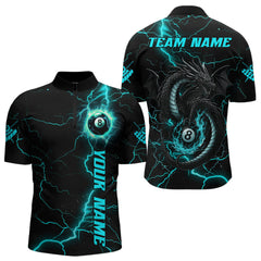 Maxcorners Black And Turquoise 8 Ball Lightning Custom Dragon Men's Billiard Shirts, Billiard Team Jerseys LM1625
