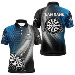 Maxcorners Custom Men's Dart Shirt â€“ Black Blue Hexagon Design Darts Team Jersey | Polo & Quarter Zip Uniform LM1625
