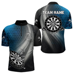 Maxcorners Custom Men's Dart Shirt â€“ Black Blue Hexagon Design Darts Team Jersey | Polo & Quarter Zip Uniform LM1625