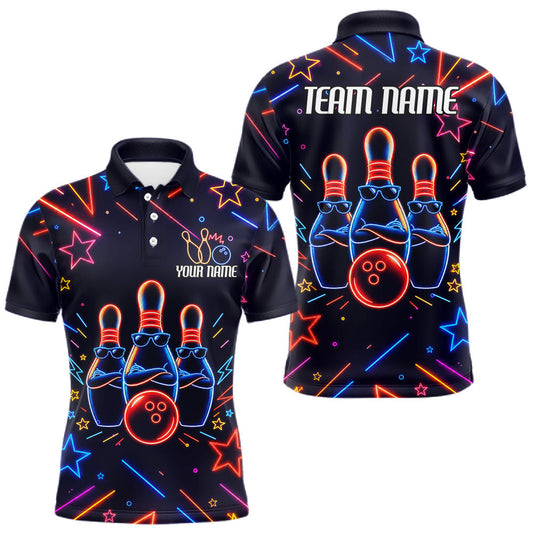 Maxcorners Blue Funny Neon Bowling Shirt For Men, Custom Bowling Team Jersey Polo & 1/4 Zip, Bowling Gifts LM2306