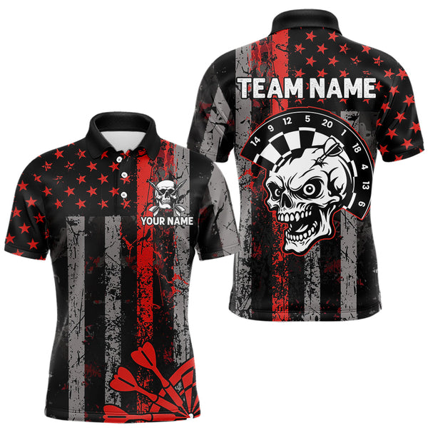 Maxcorners Personalized Red Grunge US Flag Skull Darts Shirt For Men Custom Patriotic Darts Team Jersey TU2309