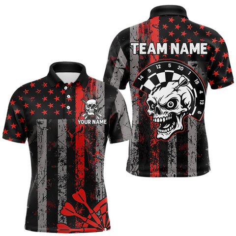 Maxcorners Personalized Red Grunge US Flag Skull Darts Shirt For Men Custom Patriotic Darts Team Jersey TU2309