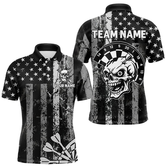 Maxcorners Personalized White Black Grunge US Flag Skull Darts Shirt For Men Custom Patriotic Darts Jersey LM1903