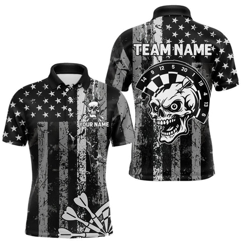Maxcorners Personalized White Black Grunge US Flag Skull Darts Shirt For Men Custom Patriotic Darts Jersey TU2309