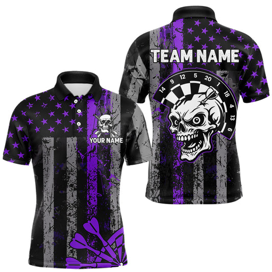 Maxcorners Personalized Purple Grunge US Flag Skull Darts Shirt For Men Custom Patriotic Darts Team Jersey LM1903