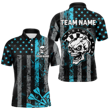 Maxcorners Personalized Blue Grunge US Flag Skull Darts Shirt For Men Custom Patriotic Darts Team Jersey LM1903