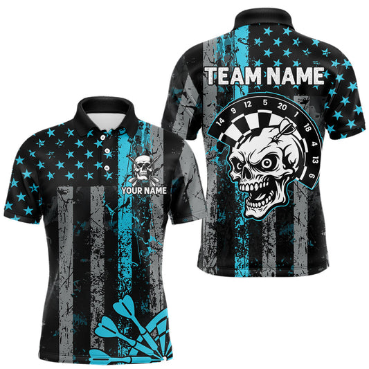 Maxcorners Personalized Blue Grunge US Flag Skull Darts Shirt For Men Custom Patriotic Darts Team Jersey LM1903