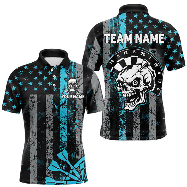 Maxcorners Personalized Blue Grunge US Flag Skull Darts Shirt For Men Custom Patriotic Darts Team Jersey TU2309