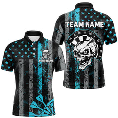 Maxcorners Personalized Blue Grunge US Flag Skull Darts Shirt For Men Custom Patriotic Darts Team Jersey TU2309