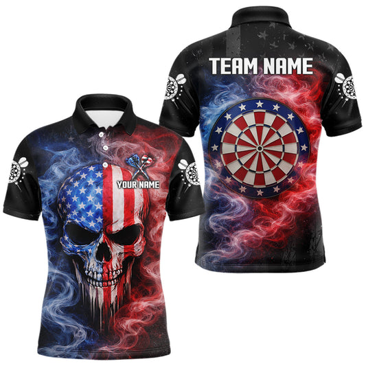 Maxcorners Custom American Flag Smoke Skull Darts Shirt For Men, Patriotic Darts Team Jersey Polo & 1/4 Zip LM2901