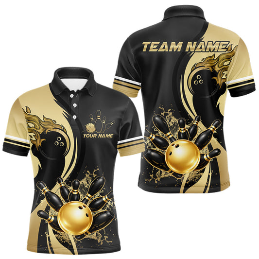 Maxcorners Custom Black And Gold Splatter Bowling Shirt For Men, Bowling League Jerseys Team Polo & 1/4 Zip LM2704