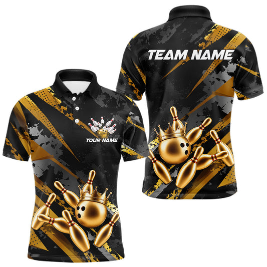 Maxcorners Gold Black Custom Crown Bowling Balls Polo & 1/4 Zip For Men, Bowling Team Shirts Bowling Jersey LM2405