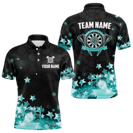 Maxcorners Funny Custom Dart Shirt For Men, Turquoise Black Glowing Star Pattern Darts Polo & Quarter Zip