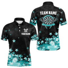 Maxcorners Funny Custom Dart Shirt For Men, Turquoise Black Glowing Star Pattern Darts Polo & Quarter Zip TU2511