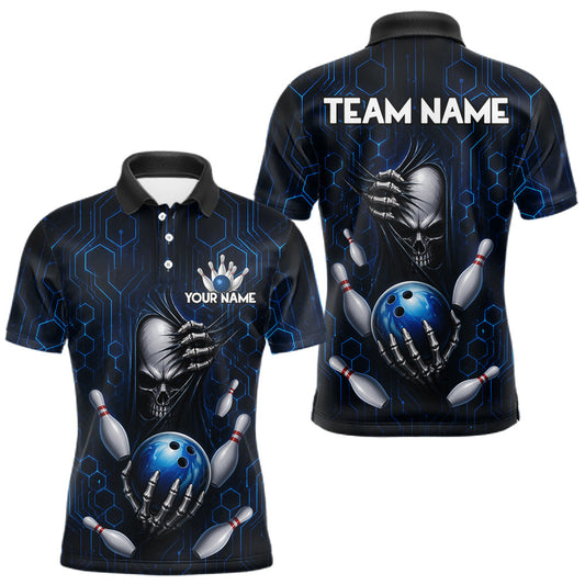 Maxcorners Black And Blue Custom Skull Bowling Shirt For Men, Hexagon Bowling Team Jersey Polo & 1/4 Zip LM2704