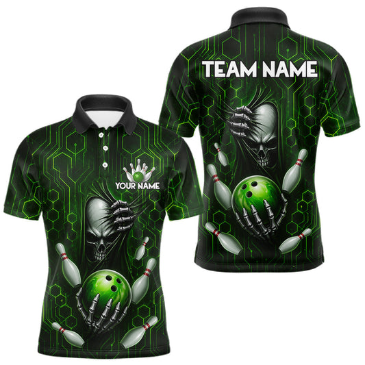 Maxcorners Black And Green Custom Skull Bowling Shirt For Men, Hexagon Bowling Team Jersey Polo & 1/4 Zip LM2704