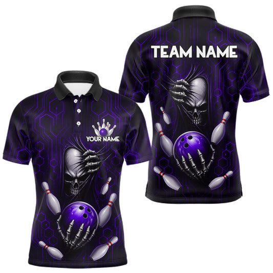 Maxcorners Black And Purple Custom Skull Bowling Shirt For Men, Hexagon Bowling Team Jersey Polo & 1/4 Zip LM2704