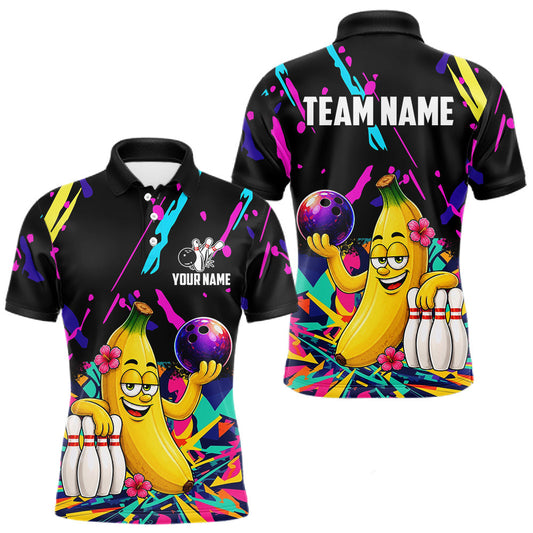 Maxcorners Colorful Bowling Jersey Funny Banana Bowling Polo & 1/4 Zip For Men, Custom Bowling Team Shirts