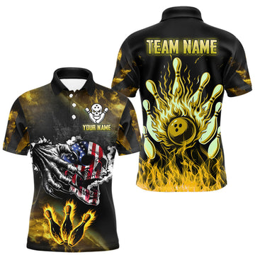 Maxcorners Yellow Flaming American Flag Skull Bowling Shirt For Men Custom Fire Bowling Team Jersey LM2408