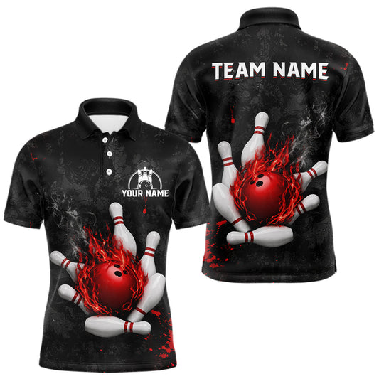 Maxcorners Black And Red Grunge Fire Bowling Shirts For Men Custom Bowling Jersey Team Polo & 1/4 Zip Uniform LM2806