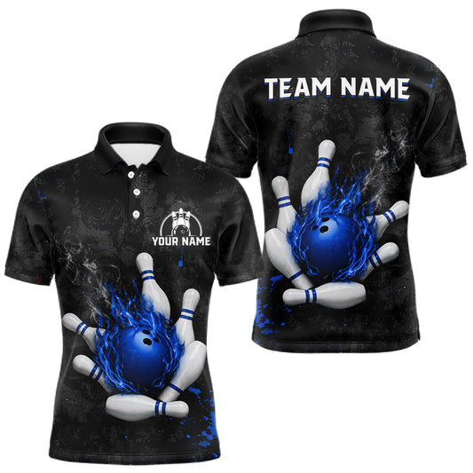 Maxcorners Black And Blue Grunge Fire Bowling Shirts For Men Custom Bowling Jersey Team Polo & 1/4 Zip Uniform LM2806