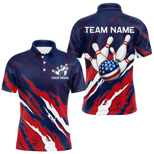 Maxcorners Custom Blue And Red US Flag Bowling Jersey For Men, Patriotic Bowling Team Shirts Polo & 1/4 Zip LM2806