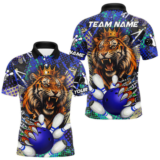 Maxcorners Personalized Blue Graffiti Tiger Bowling Jersey For Men, Bowling Team Shirts Polo & Quarter Zip LM2806
