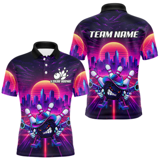 Maxcorners Custom Retro Funny Neon Bowling Shirt For Men, Pink And Purple Bowling Team Jersey Polo & 1/4 Zip LM2603
