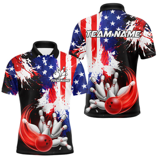 Maxcorners Custom Grunge American Flag Bowling Shirt For Men, Patriotic Bowling Jersey Team Polo & 1/4 Zip LM2603