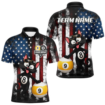 Maxcorners Funny Cat 8 Ball & 9 Ball American Flag Billiard Jersey For Men Custom Pool Shirt Polo & 1/4 Zip