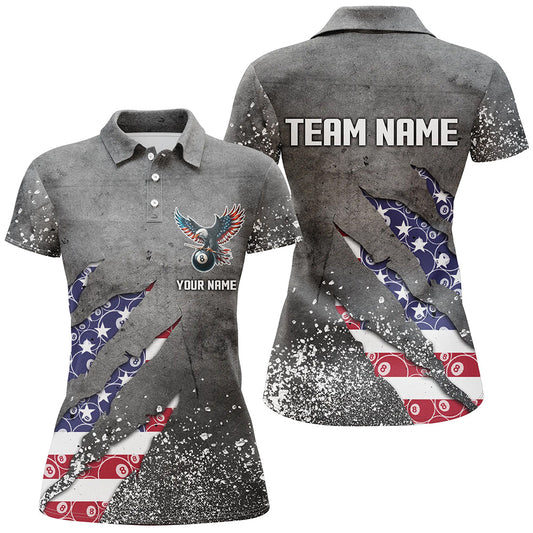 Maxcorners Customized Ball 8 US Flag Grey Grunge Billiard Polo Shirts For Women