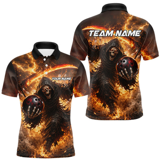Maxcorners Orange Grim Reaper Fire Smoke Bowling Jersey For Men Custom Bowling Team Shirt Polo & 1/4 Zip LM0404