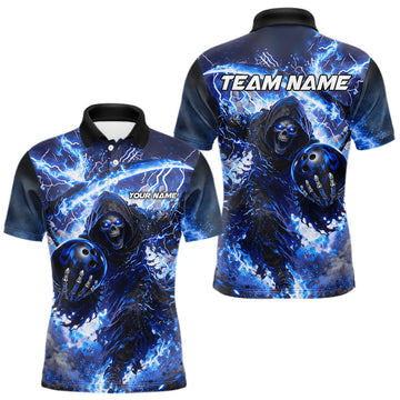 Maxcorners Blue Grim Reaper Fire Smoke Bowling Jersey For Men Custom Bowling Team Shirt Polo & 1/4 Zip LM0404