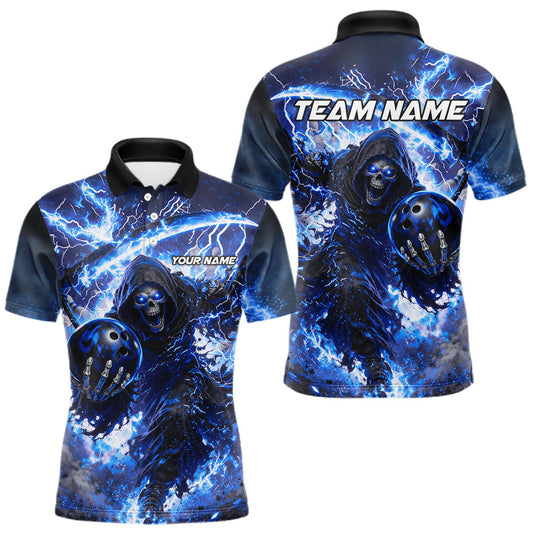 Maxcorners Blue Grim Reaper Fire Smoke Bowling Jersey For Men Custom Bowling Team Shirt Polo & 1/4 Zip LM0404