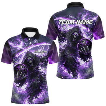 Maxcorners Purple Grim Reaper Fire Smoke Bowling Jersey For Men Custom Bowling Team Shirt Polo & 1/4 Zip LM0404
