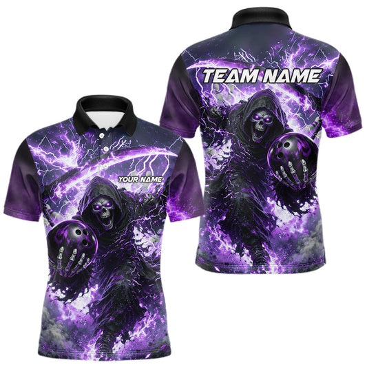 Maxcorners Purple Grim Reaper Fire Smoke Bowling Jersey For Men Custom Bowling Team Shirt Polo & 1/4 Zip LM0404