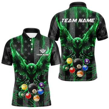 Maxcorners American Flag Eagle Billiard Shirts Custom Green Lightning 8 Ball Pool Billiard Jersey For Men