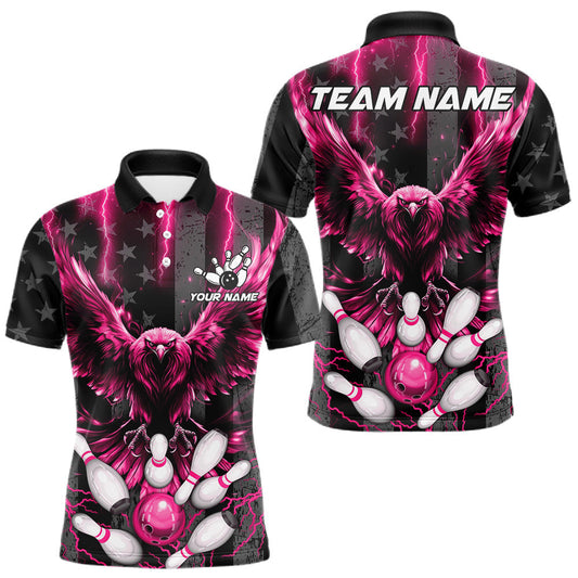 Maxcorners Pink American Flag Men's Bowling Shirts Custom Lightning Eagle Bowling Team Jerseys Polo & 1/4 Zip