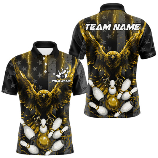 Maxcorners Yellow American Flag Men's Bowling Shirts Custom Lightning Eagle Bowling Team Jersey Polo & 1/4 Zip LM0106