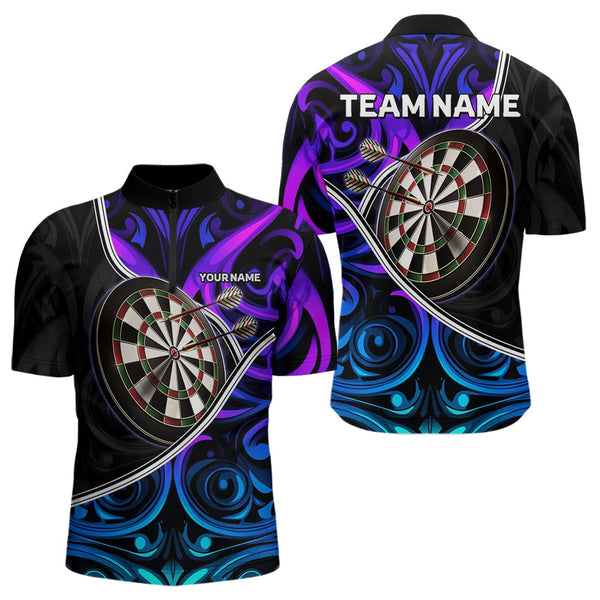 Maxcorners Neon Purple Blue Tribal Pattern Dart Shirts For Men Custom Dart Jerseys Team Polo & Quarter Zip