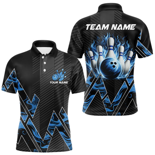 Maxcorners Personalized Fire Flame Bowling Jersey For Men Custom Bowling Team Shirt Polo & 1/4 Zip |Blue LM1705