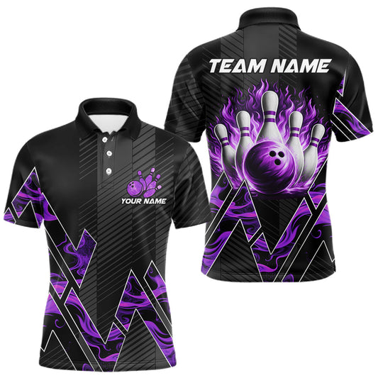 Maxcorners Personalized Fire Flame Bowling Jersey For Men Custom Bowling Team Shirt Polo & 1/4 Zip |Purple LM1705