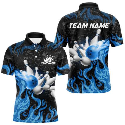 Maxcorners Blue Flaming Bowling Jersey For Men Custom Fire Bowling Pin Team Jersey Polo & Quarter Zip Shirts LM0404