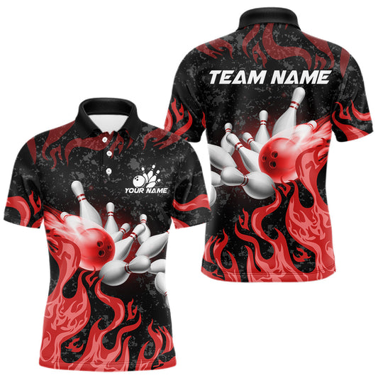 Maxcorners Red Flaming Bowling Jersey For Men Custom Fire Bowling Pin Team Jersey Polo & Quarter Zip Shirts LM0404
