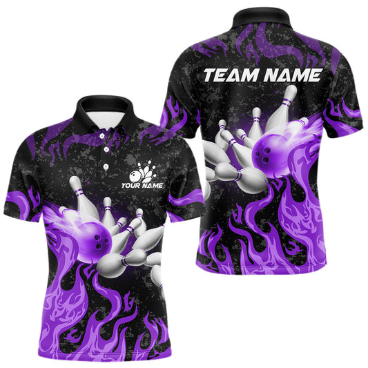 Maxcorners Purple Flaming Bowling Jersey For Men Custom Fire Bowling Pin Team Jersey Polo & Quarter Zip LM0404