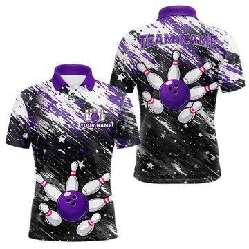 Maxcorners Personalized Grunge Bowling Shirt For Men Custom Bowling Polo & 1/4 Zip, Bowling Uniform |Purple LM0404